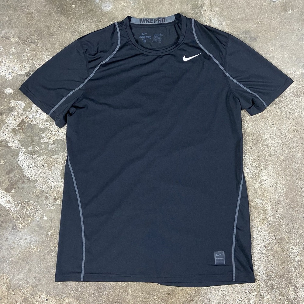 Nike Pro Dri-FIT T-Shirt Size Large Black Fitted Stretch Crew Neck Swoosh Logo